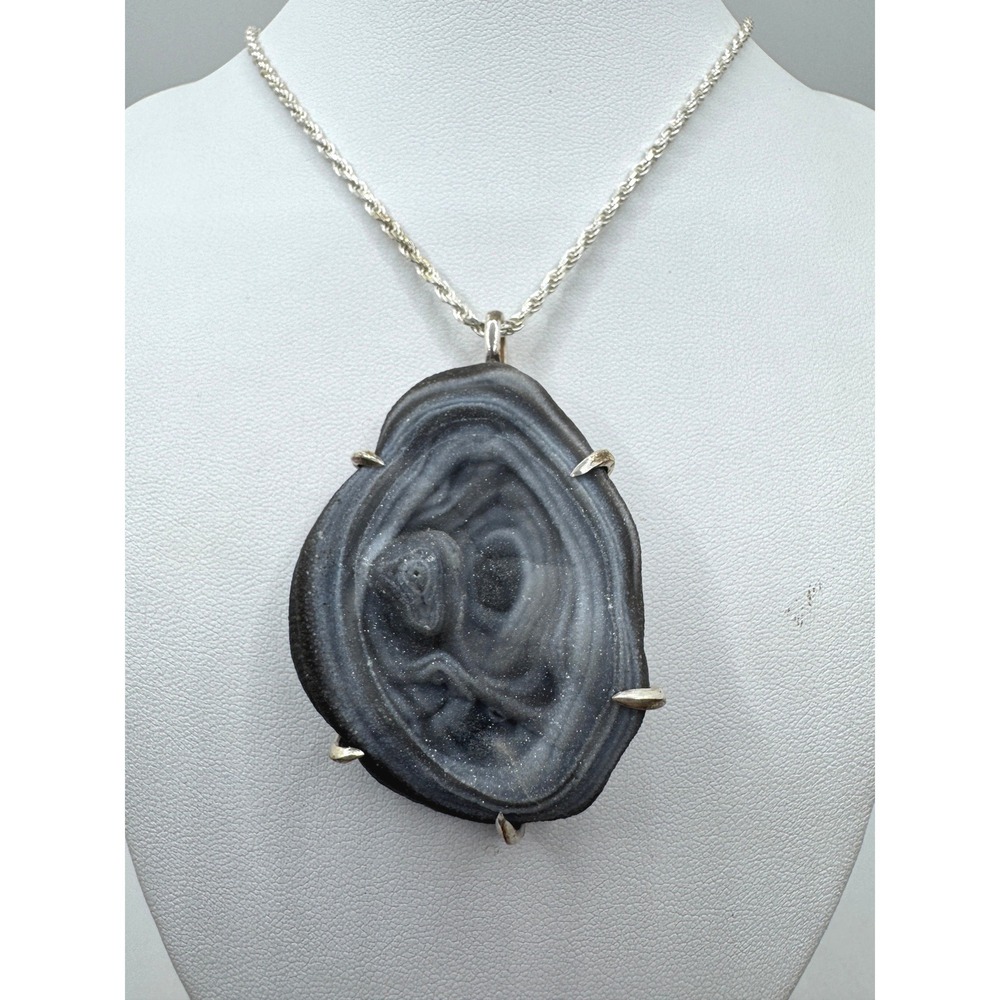 JHR .999 Fine Silver Grey Agate Druzy Slice Statement Necklace 20" Rope Chain